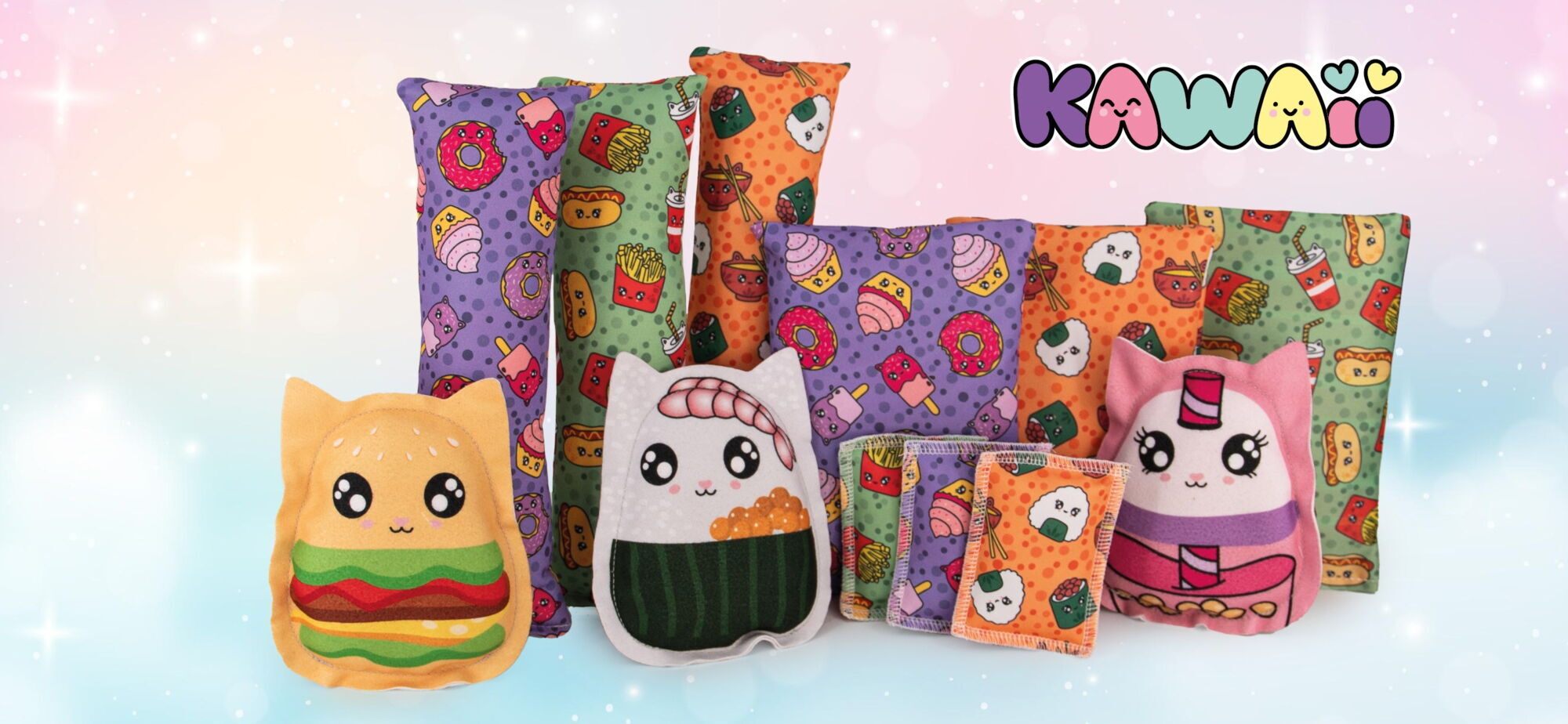 4cats Kawaii Food Kollektion Übersicht: Schmusekissen, Spielrolle, Raschelkissen, Burger Cat, Sushi Cat, Bubble Tea Cat